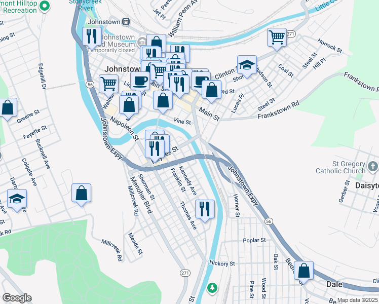 map of restaurants, bars, coffee shops, grocery stores, and more near 512 Brotz Place in Johnstown