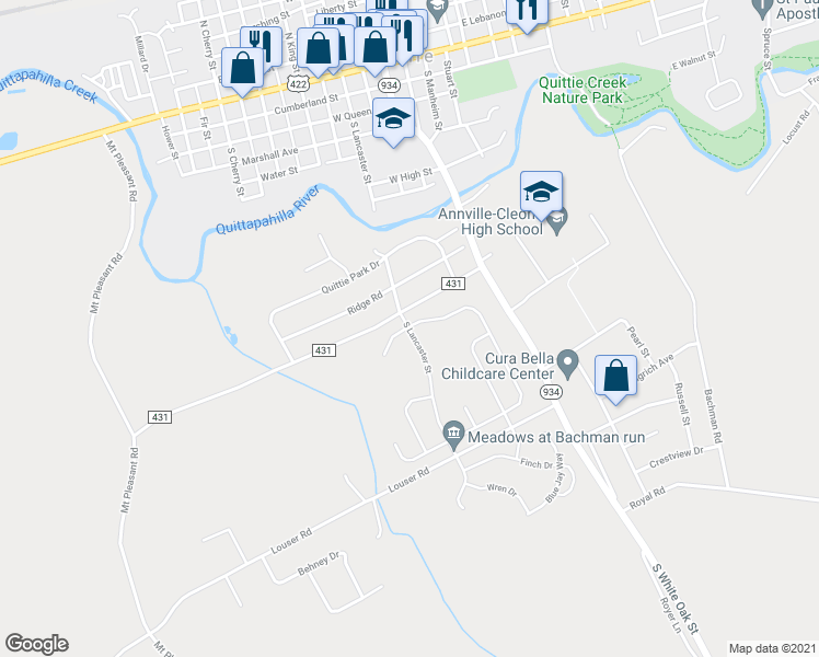 map of restaurants, bars, coffee shops, grocery stores, and more near Lancaster Street in Annville