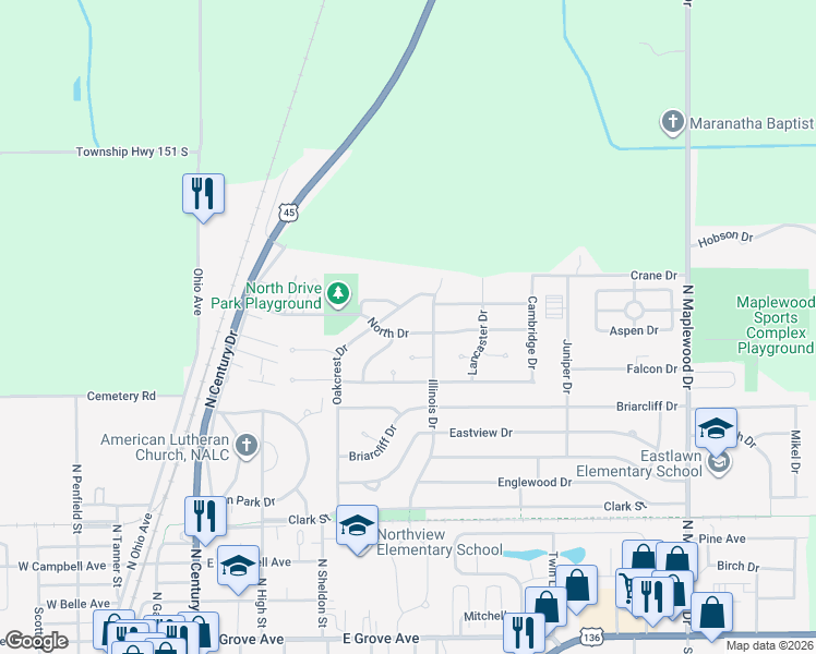 map of restaurants, bars, coffee shops, grocery stores, and more near 919 North Drive in Rantoul