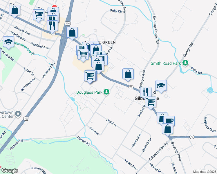 map of restaurants, bars, coffee shops, grocery stores, and more near 33 Jackson Road in Gilbertsville