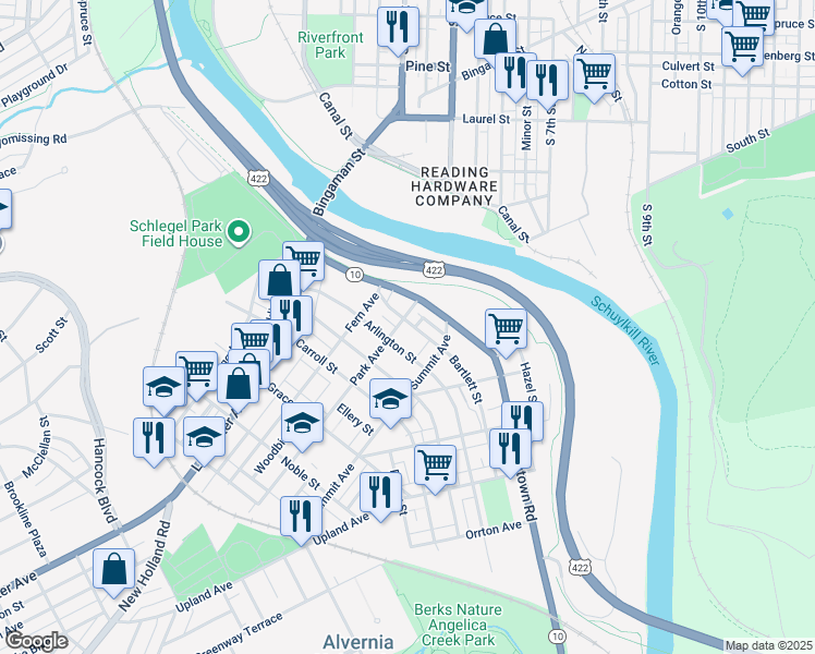 map of restaurants, bars, coffee shops, grocery stores, and more near 100 Park Ave in West Reading