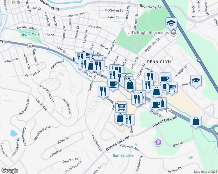 map of restaurants, bars, coffee shops, grocery stores, and more near 80 Colony Drive in Irwin