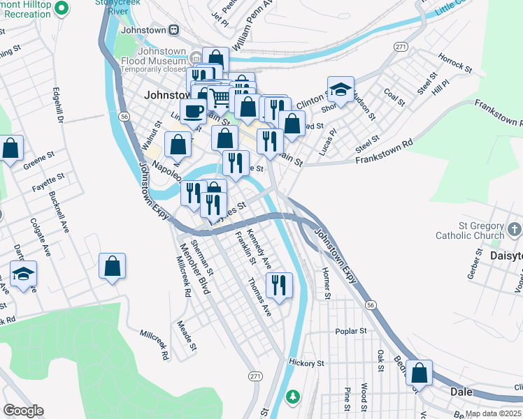 map of restaurants, bars, coffee shops, grocery stores, and more near 512 Brotz Place in Johnstown