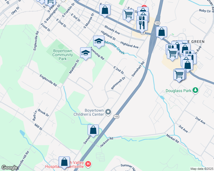 map of restaurants, bars, coffee shops, grocery stores, and more near 176 Estate Road in Boyertown