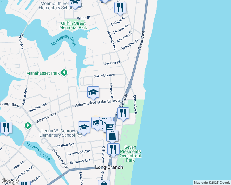 map of restaurants, bars, coffee shops, grocery stores, and more near 465 Church Street in Long Branch