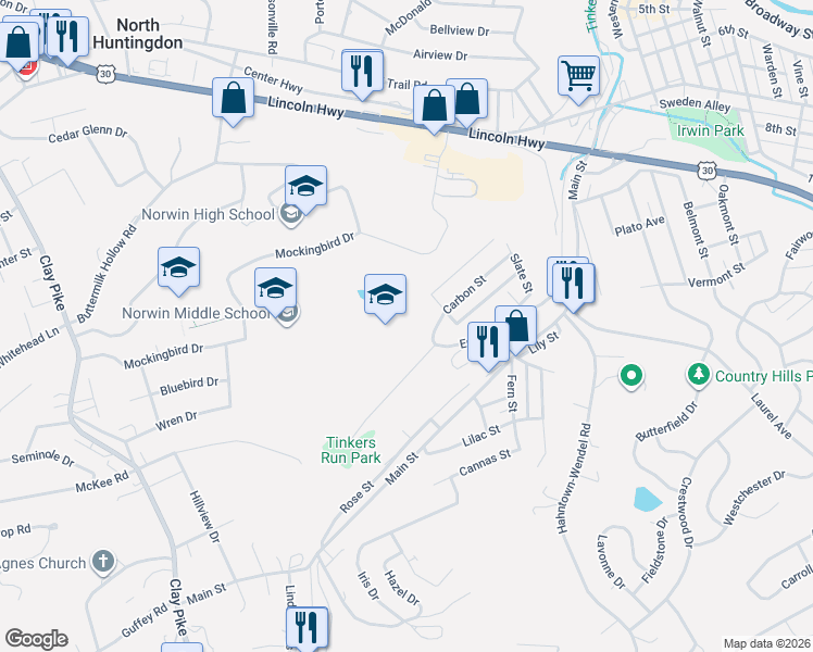 map of restaurants, bars, coffee shops, grocery stores, and more near 791 Entry Road in North Huntingdon