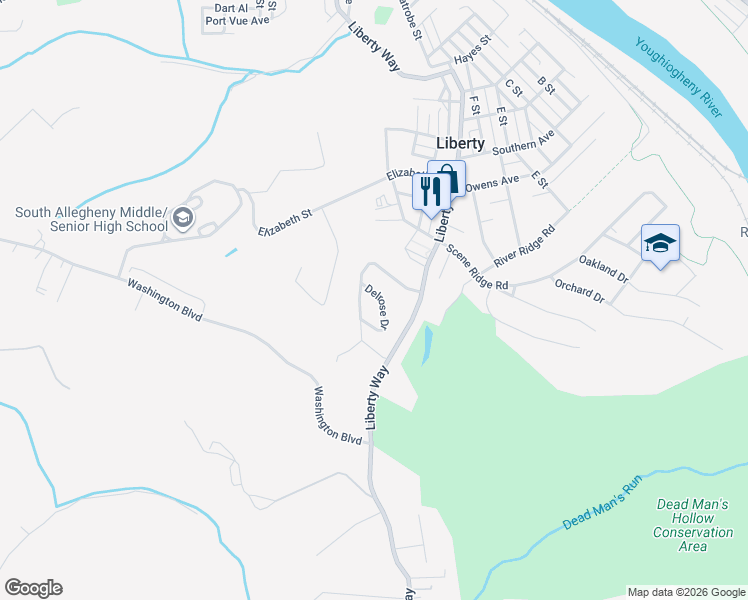 map of restaurants, bars, coffee shops, grocery stores, and more near 109 Delrose Drive in McKeesport