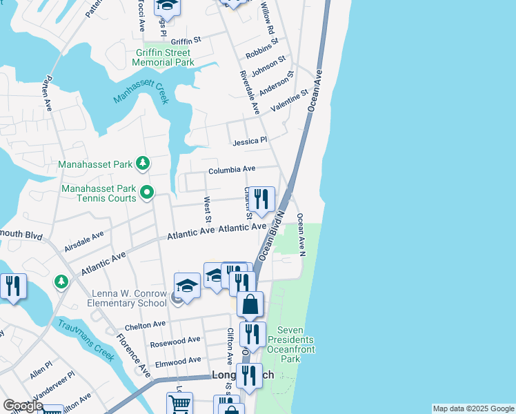 map of restaurants, bars, coffee shops, grocery stores, and more near 465 Church Street in Long Branch