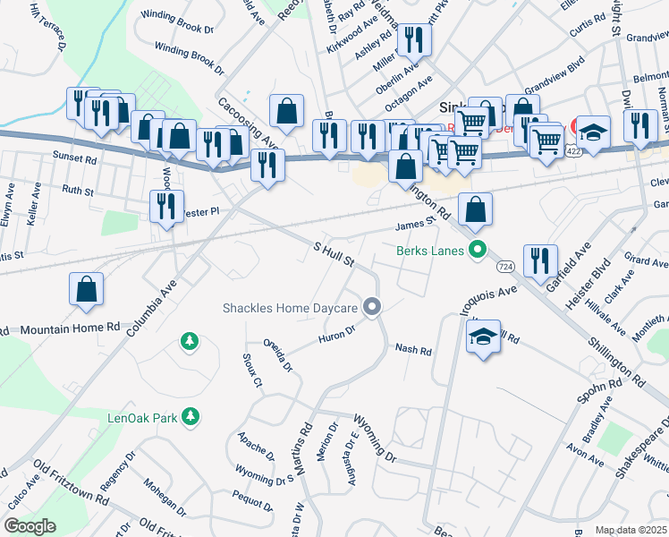 map of restaurants, bars, coffee shops, grocery stores, and more near 703 Spring Street in Sinking Spring