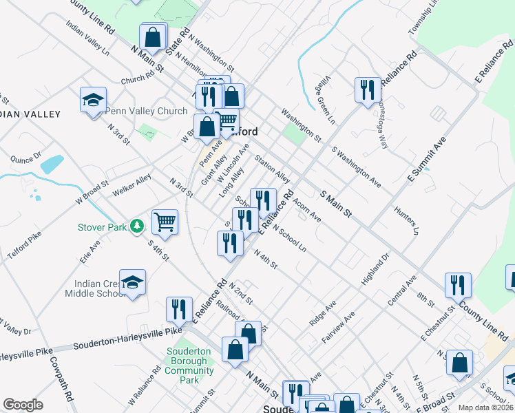 map of restaurants, bars, coffee shops, grocery stores, and more near 203 School Ln in Telford