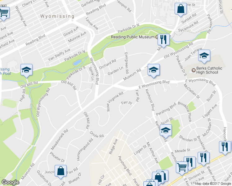 map of restaurants, bars, coffee shops, grocery stores, and more near 1413 Rose Virginia Road in Reading