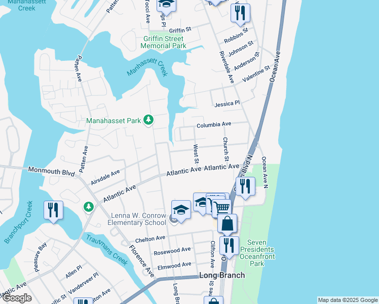 map of restaurants, bars, coffee shops, grocery stores, and more near 98 Jeroleman Avenue in Long Branch