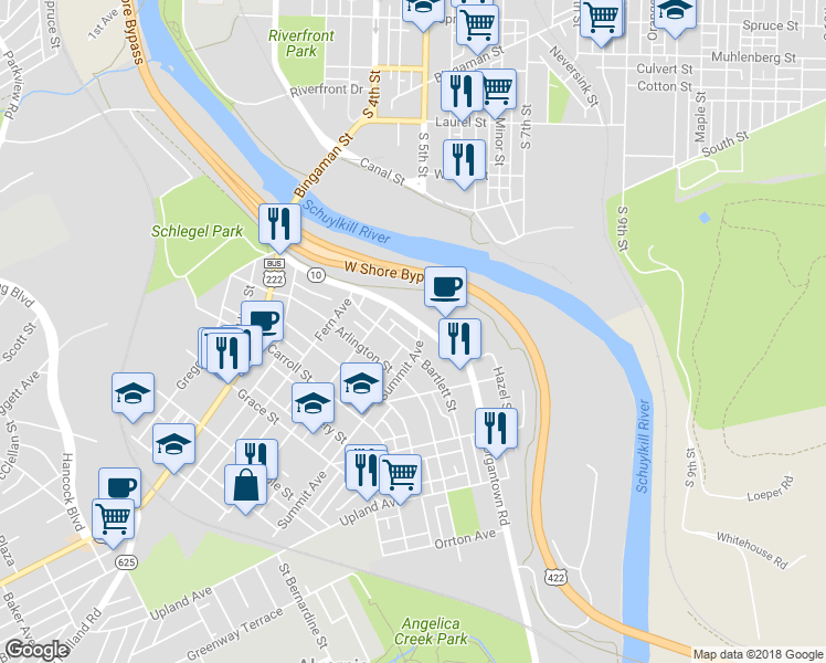 map of restaurants, bars, coffee shops, grocery stores, and more near 228 Morgantown Road in Reading