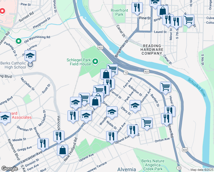 map of restaurants, bars, coffee shops, grocery stores, and more near 238 Brookline Street in Reading