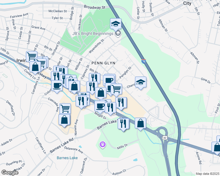 map of restaurants, bars, coffee shops, grocery stores, and more near 8931 Route 30 in Irwin