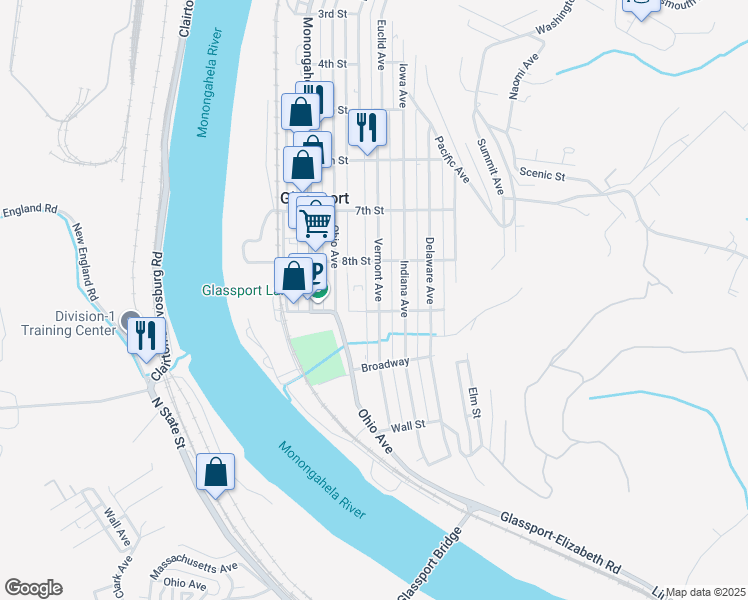 map of restaurants, bars, coffee shops, grocery stores, and more near 834 Vermont Avenue in Glassport