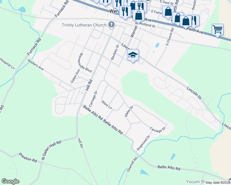 map of restaurants, bars, coffee shops, grocery stores, and more near 117 Carriage Drive in Wernersville