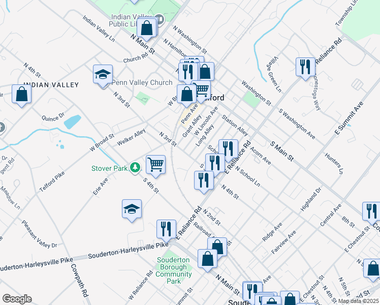 map of restaurants, bars, coffee shops, grocery stores, and more near 11 South 3rd Street in Telford