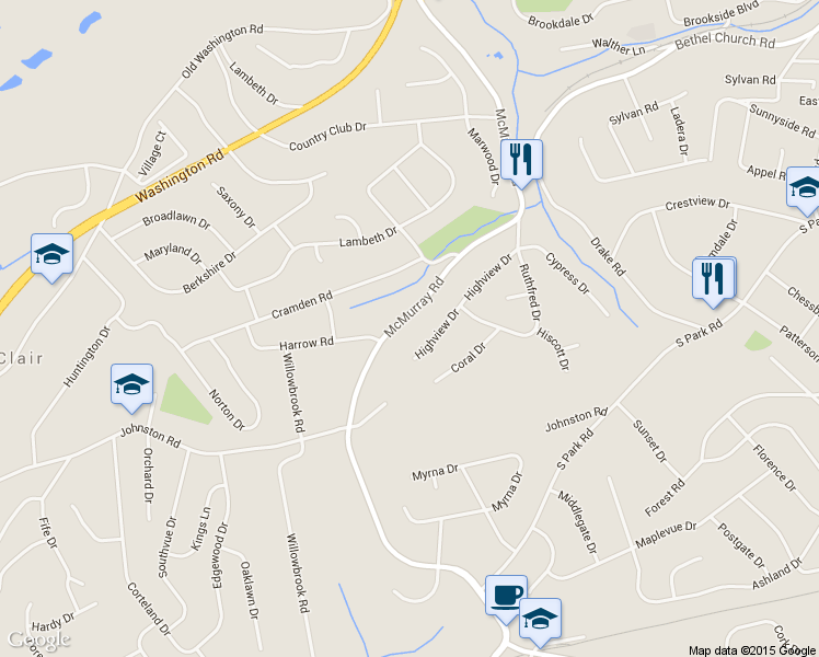 map of restaurants, bars, coffee shops, grocery stores, and more near 251 McMurray Road in Pittsburgh