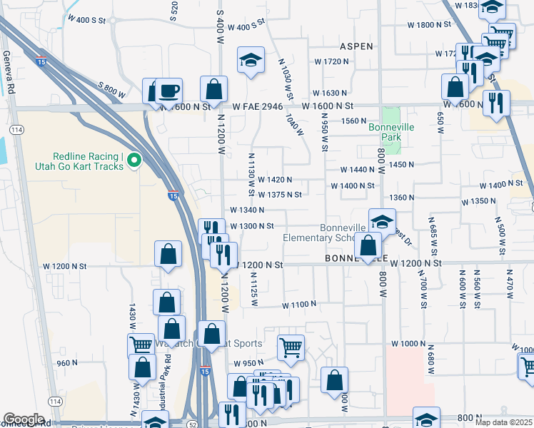 map of restaurants, bars, coffee shops, grocery stores, and more near 1089 West 1340 North in Orem