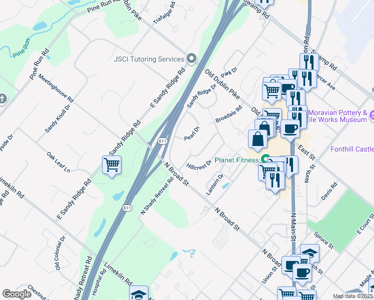 map of restaurants, bars, coffee shops, grocery stores, and more near 15 Broadale Court in Doylestown