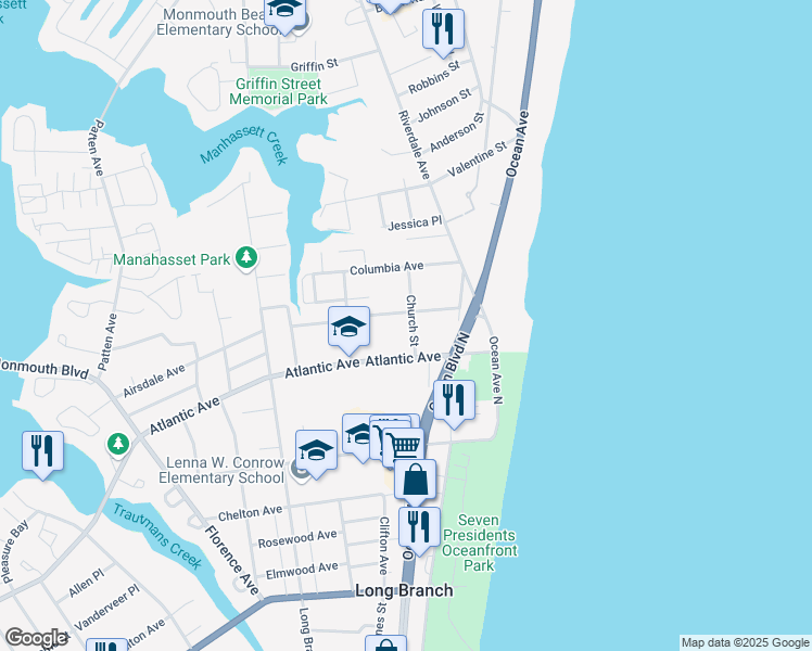map of restaurants, bars, coffee shops, grocery stores, and more near 466 Church Street in Long Branch