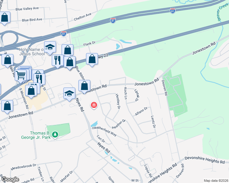 map of restaurants, bars, coffee shops, grocery stores, and more near 116 Huntley Dr in Harrisburg