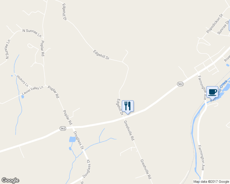 map of restaurants, bars, coffee shops, grocery stores, and more near 44 Edgehill Drive in Boyertown