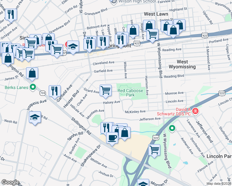 map of restaurants, bars, coffee shops, grocery stores, and more near 2518 Girard Avenue in West Lawn