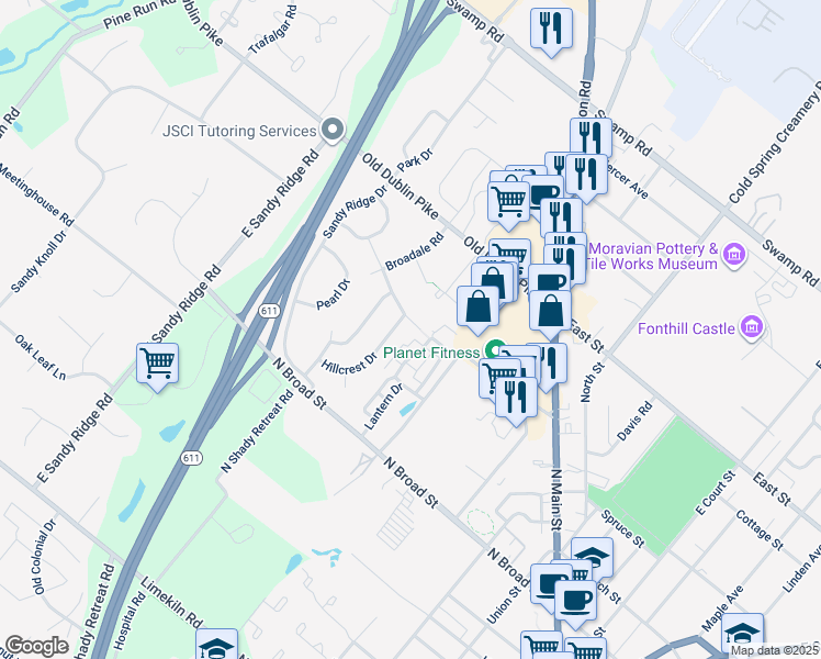 map of restaurants, bars, coffee shops, grocery stores, and more near 200 Murray Drive in Doylestown