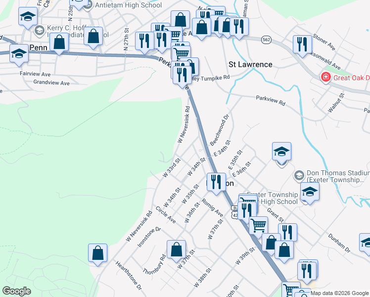 map of restaurants, bars, coffee shops, grocery stores, and more near 30 West 33rd Street in Reading
