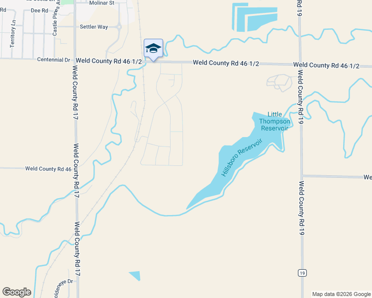 map of restaurants, bars, coffee shops, grocery stores, and more near 22437 County Road 19 in Milliken