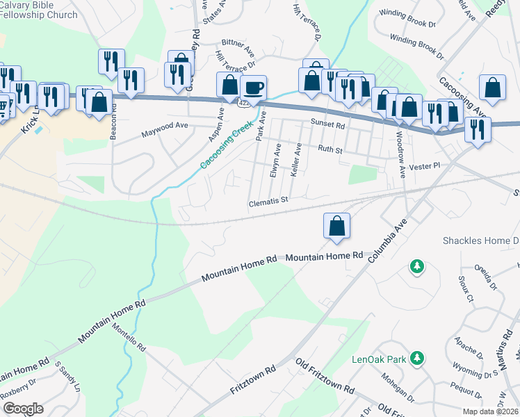 map of restaurants, bars, coffee shops, grocery stores, and more near 1020 Clematis Street in Sinking Spring