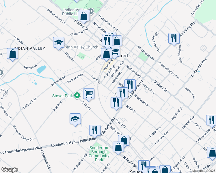 map of restaurants, bars, coffee shops, grocery stores, and more near 11 S 3rd St in Telford