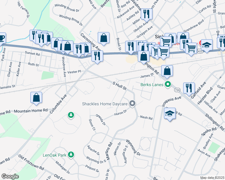 map of restaurants, bars, coffee shops, grocery stores, and more near 316 Windmill Road in Sinking Spring