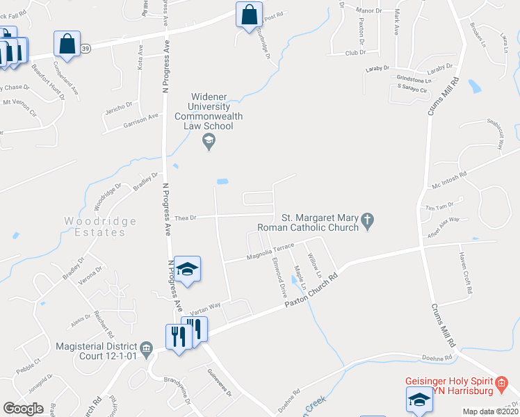 map of restaurants, bars, coffee shops, grocery stores, and more near 3821 Birchwood Circle in Harrisburg