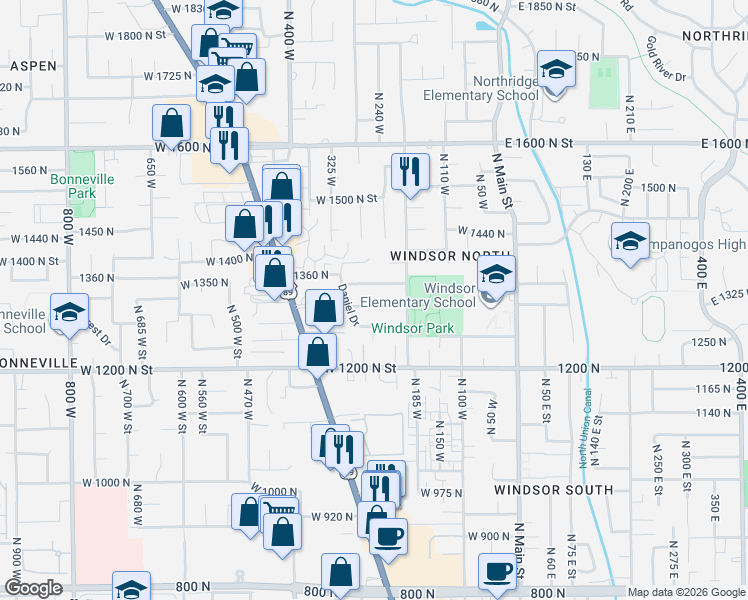 map of restaurants, bars, coffee shops, grocery stores, and more near 264 West 1310 North in Orem