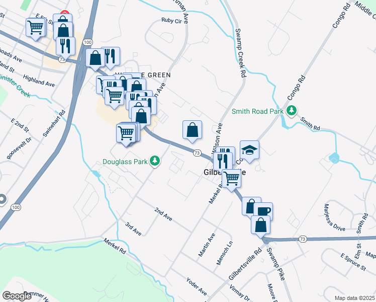 map of restaurants, bars, coffee shops, grocery stores, and more near 1232 East Philadelphia Avenue in Gilbertsville