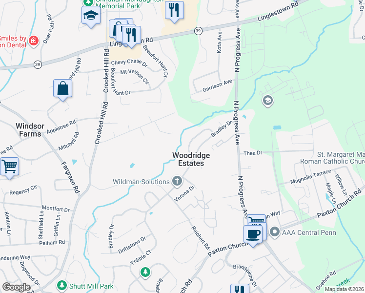 map of restaurants, bars, coffee shops, grocery stores, and more near 113 Woodridge Drive in Harrisburg