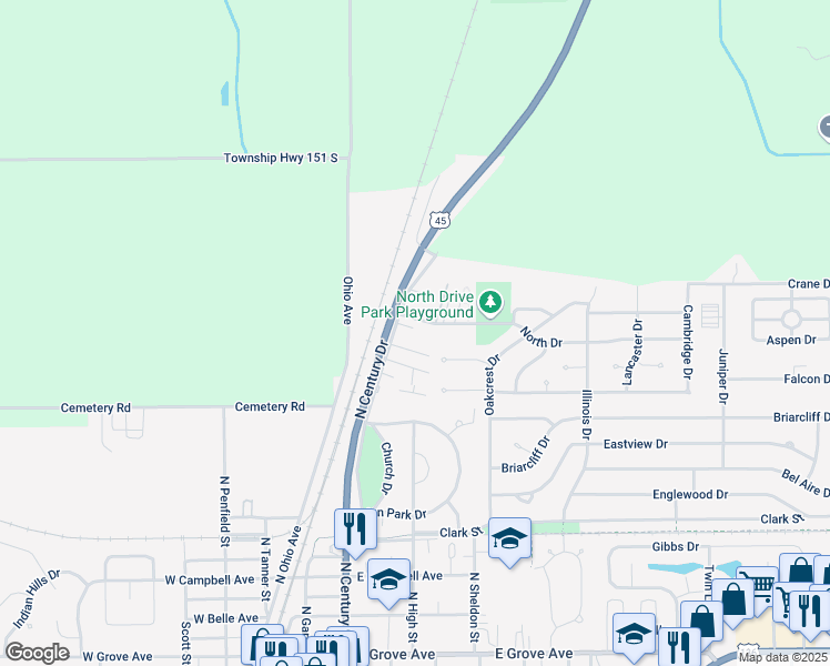 map of restaurants, bars, coffee shops, grocery stores, and more near 1160 North Century Boulevard in Rantoul