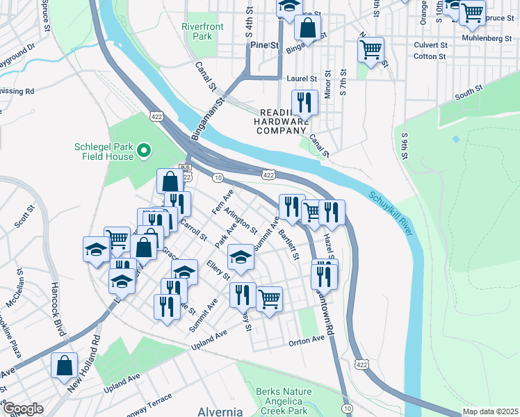 map of restaurants, bars, coffee shops, grocery stores, and more near 100 Park Avenue in West Reading