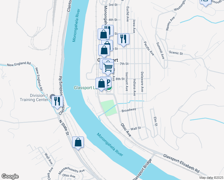 map of restaurants, bars, coffee shops, grocery stores, and more near 834 Ohio Avenue in Glassport