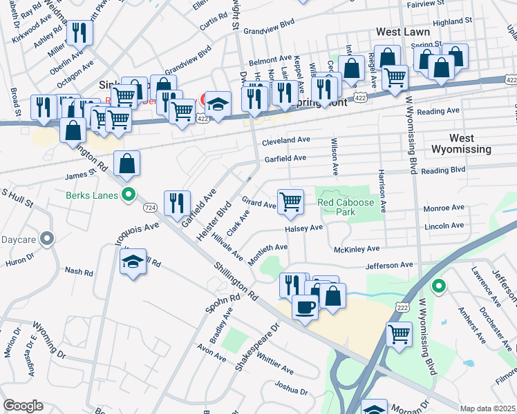 map of restaurants, bars, coffee shops, grocery stores, and more near 2644 Girard Avenue in West Lawn