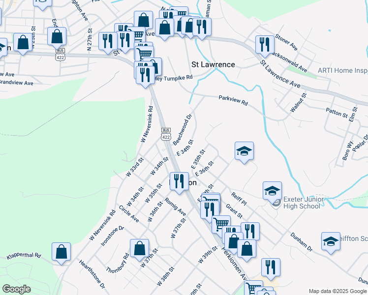 map of restaurants, bars, coffee shops, grocery stores, and more near 8 East 34th Street in Reading