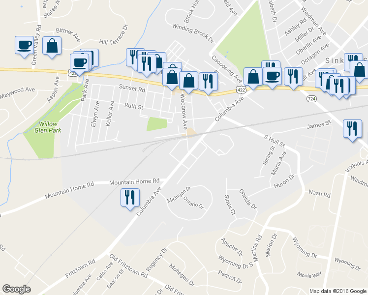 map of restaurants, bars, coffee shops, grocery stores, and more near 220 Woodrow Avenue in Sinking Spring
