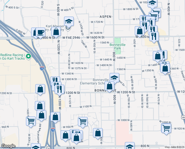 map of restaurants, bars, coffee shops, grocery stores, and more near 1345 North 950 West Street in Orem