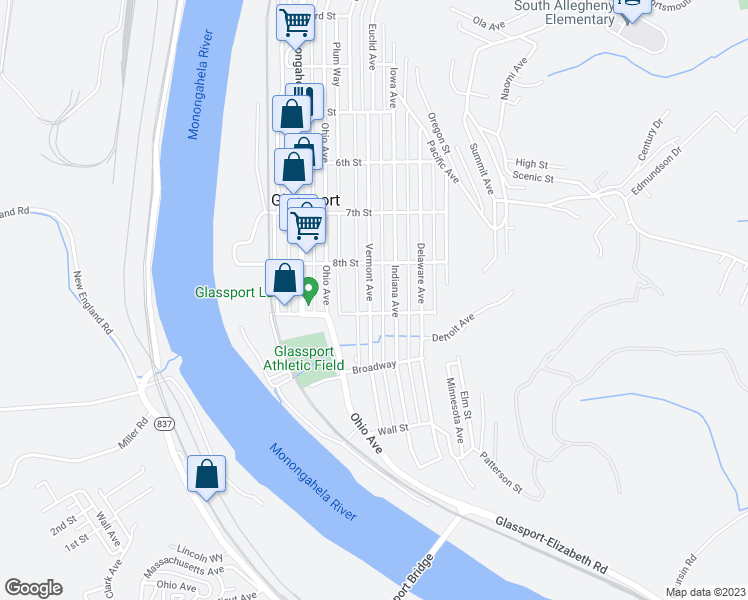 map of restaurants, bars, coffee shops, grocery stores, and more near 833 Vermont Avenue in Glassport