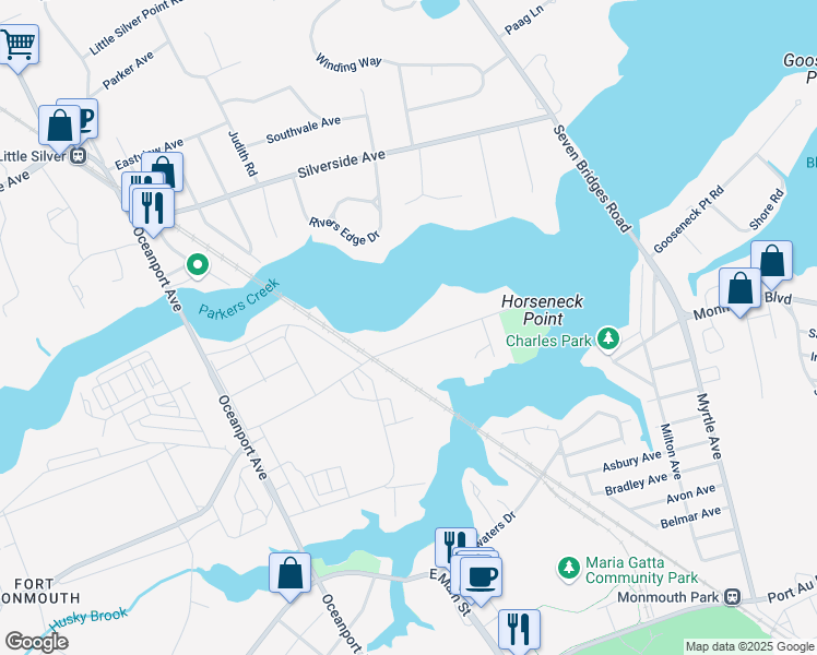 map of restaurants, bars, coffee shops, grocery stores, and more near 85 Horseneck Point Road in Oceanport