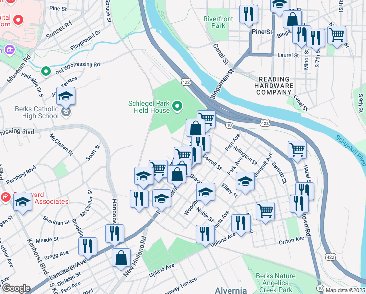 map of restaurants, bars, coffee shops, grocery stores, and more near 52 North Carroll Street in Reading