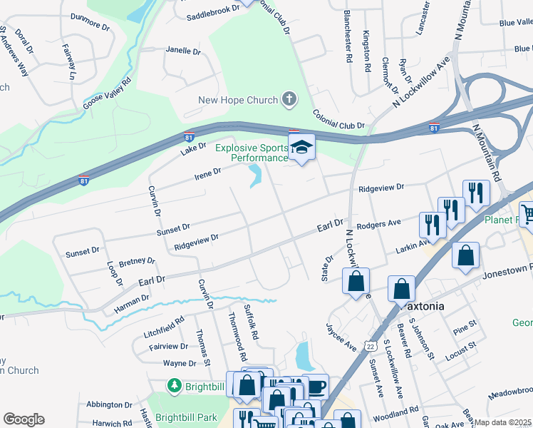map of restaurants, bars, coffee shops, grocery stores, and more near 5212 Ridgeview Drive in Harrisburg
